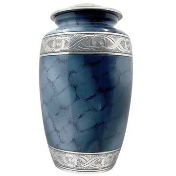 Blue marble-patterned urn with silver decorative band on a white background