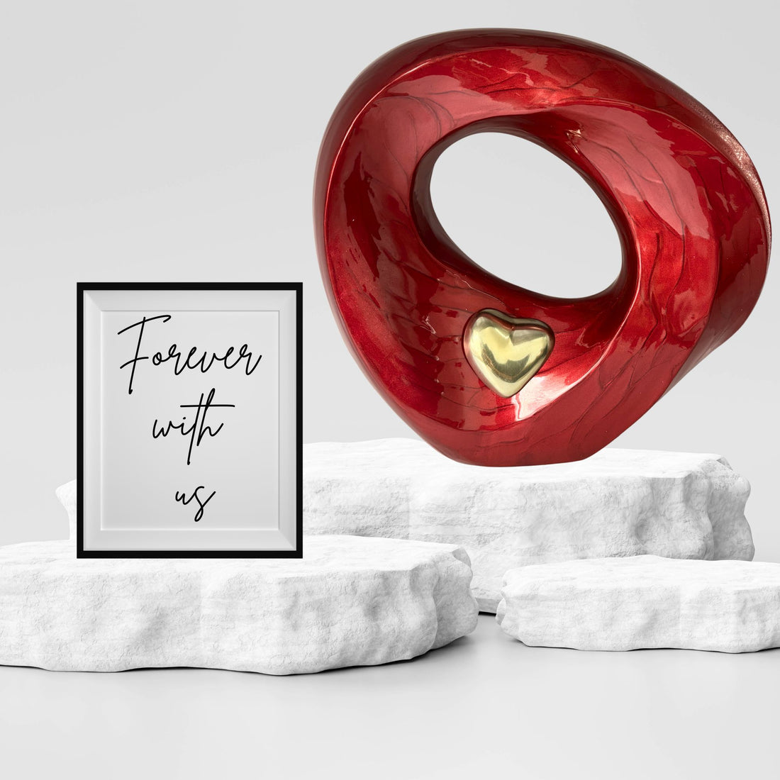 Red decorative Urn with a gold heart on a white background