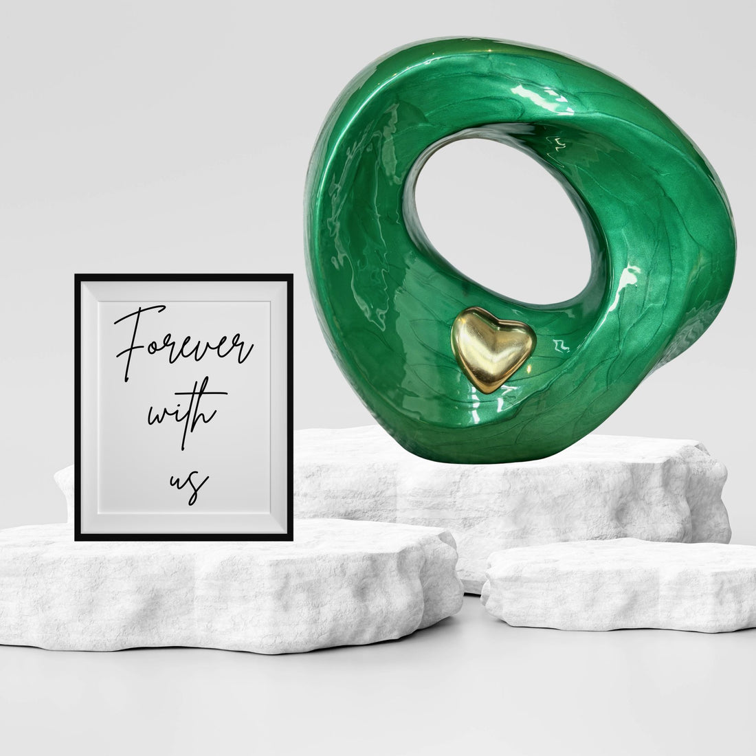 Green marble-textured object with a gold heart on a white background
