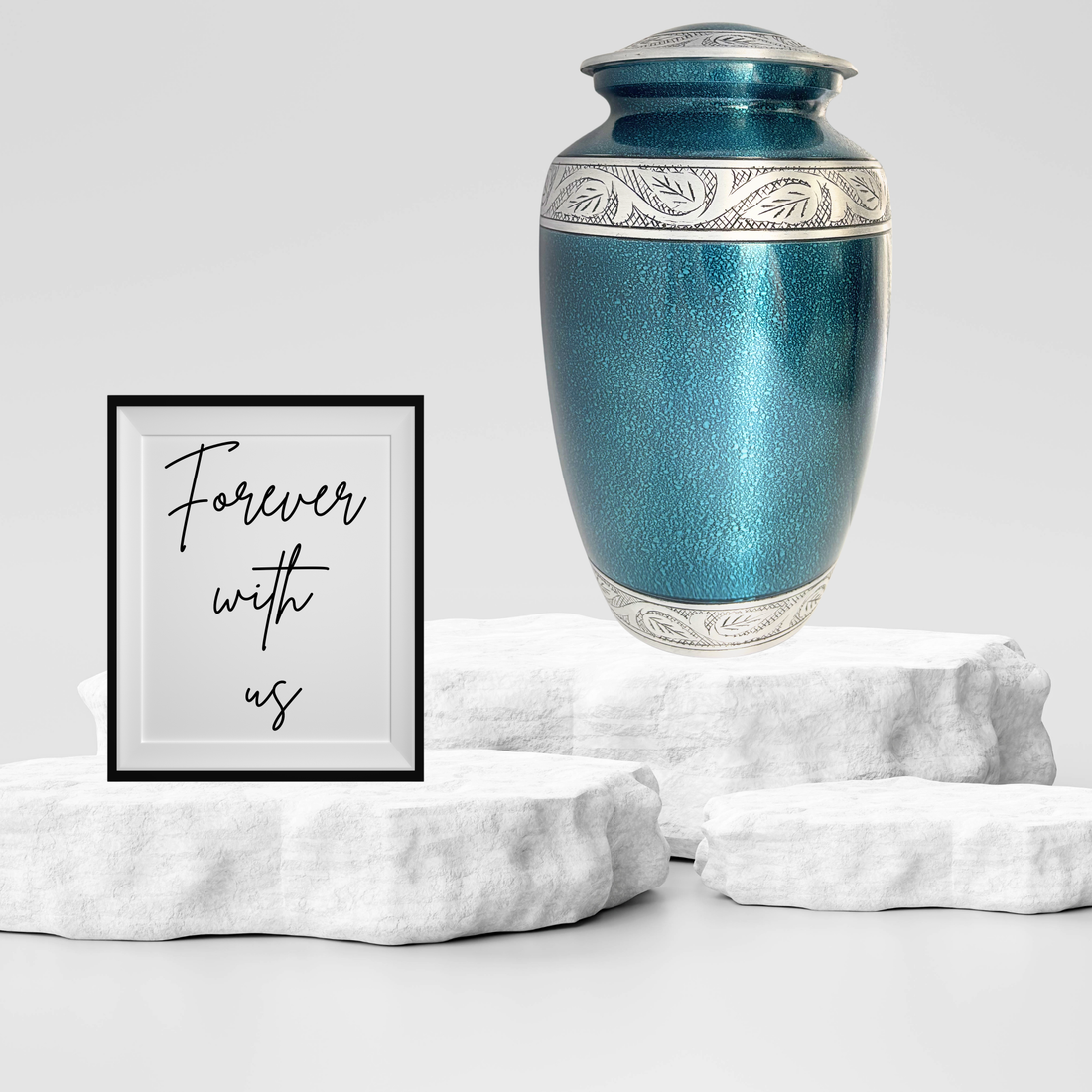 Blue metallic urn with silver decorative elements on a white background
