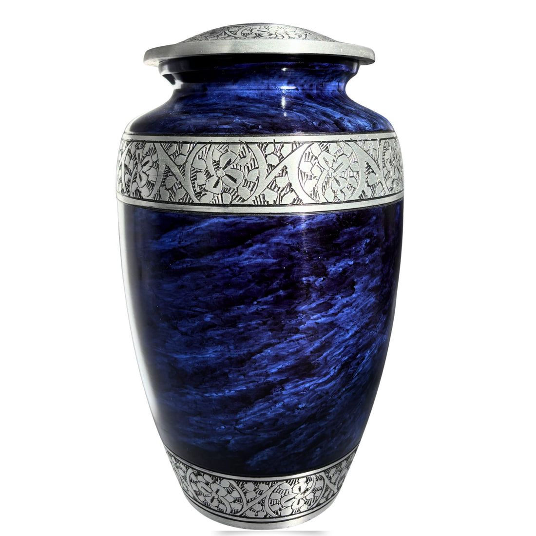 Blue urn with silver decorative band on a white background