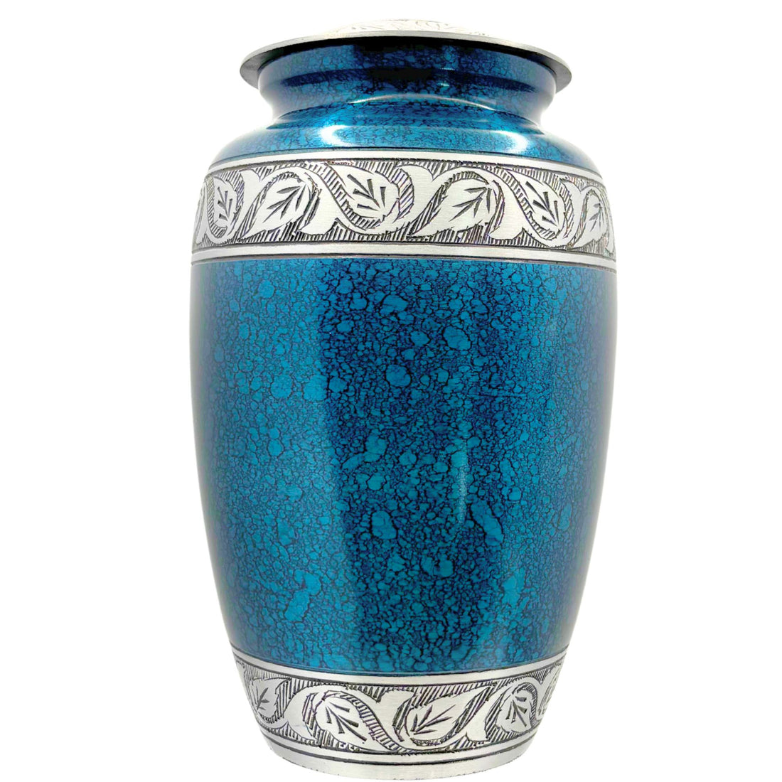Blue ceramic urn with silver decorative patterns on a white background