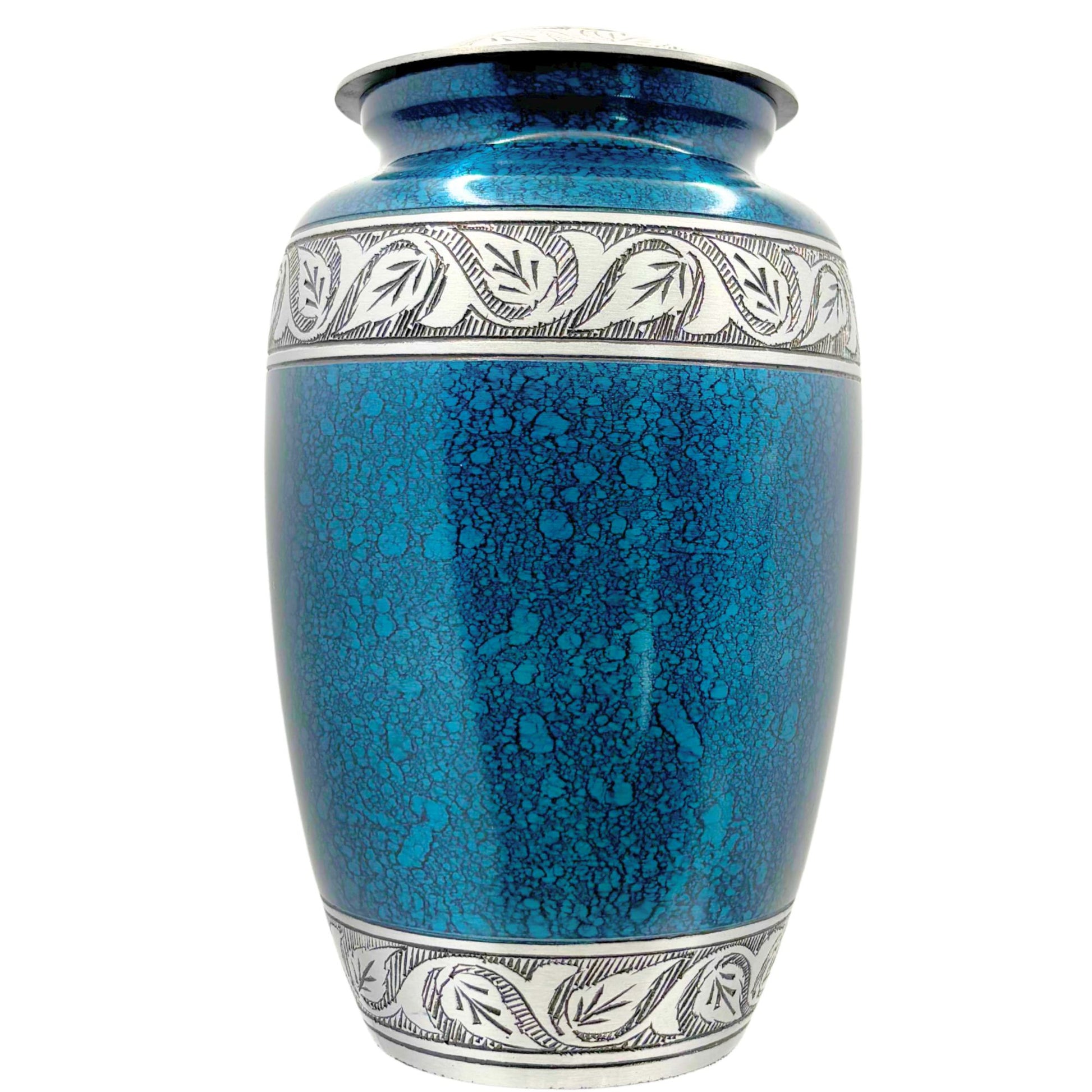 Blue ceramic urn with silver decorative patterns on a white background