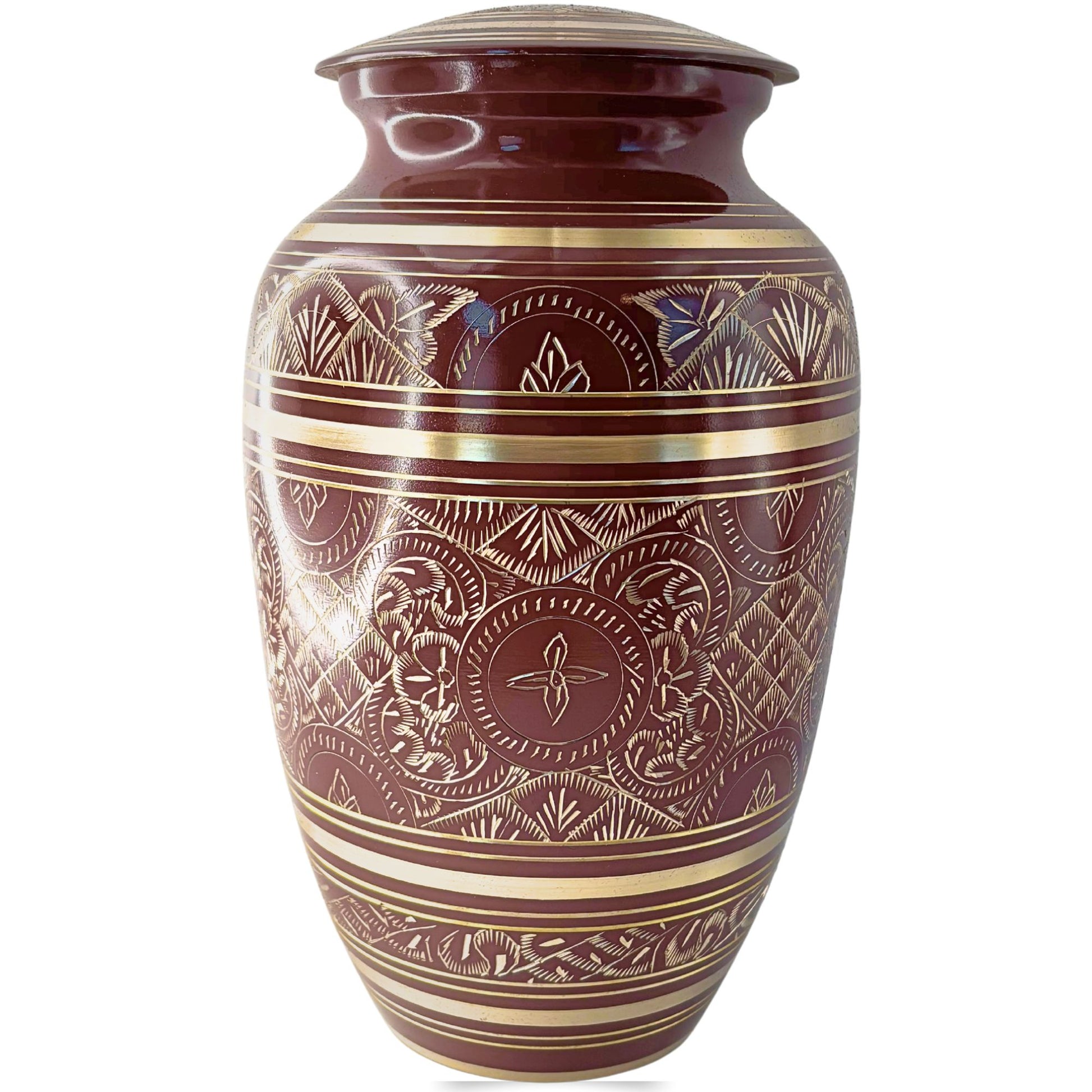 Decorative urn with intricate patterns on a white background
