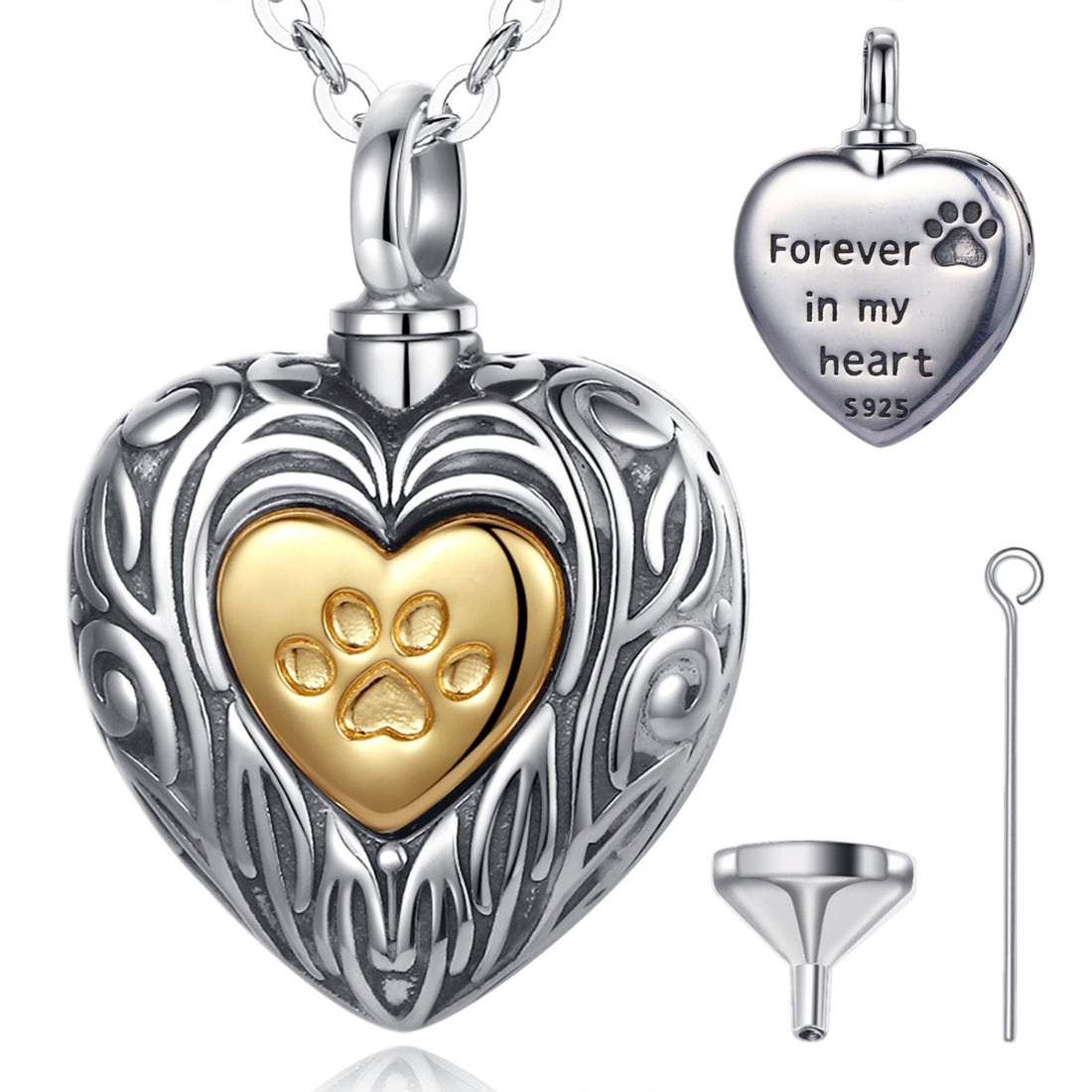Heart-shaped pendant with gold paw print and silver heart, featuring 'Forever in my heart' engraving.