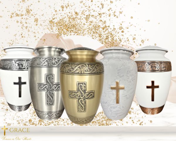 Set of five urns with cross designs on a decorative background