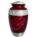 Red urn with silver decorative band on a white background