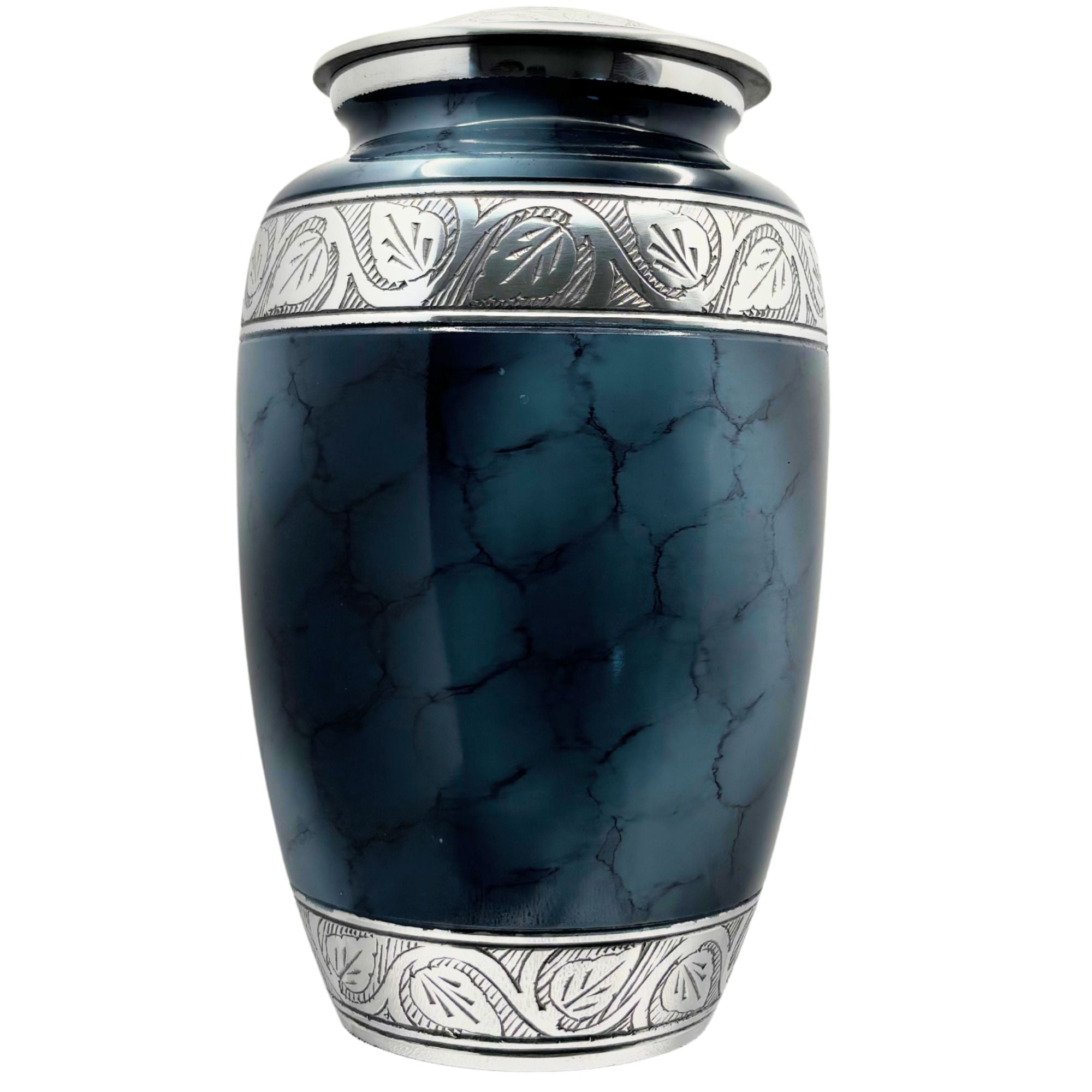 Blue marble-patterned urn with silver decorative elements on a white background