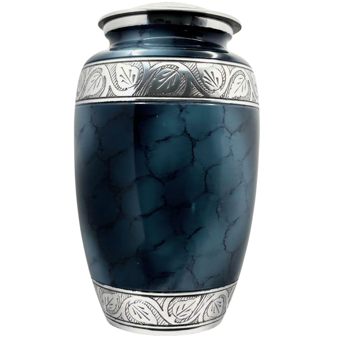 Blue marble-patterned urn with silver decorative elements on a white background