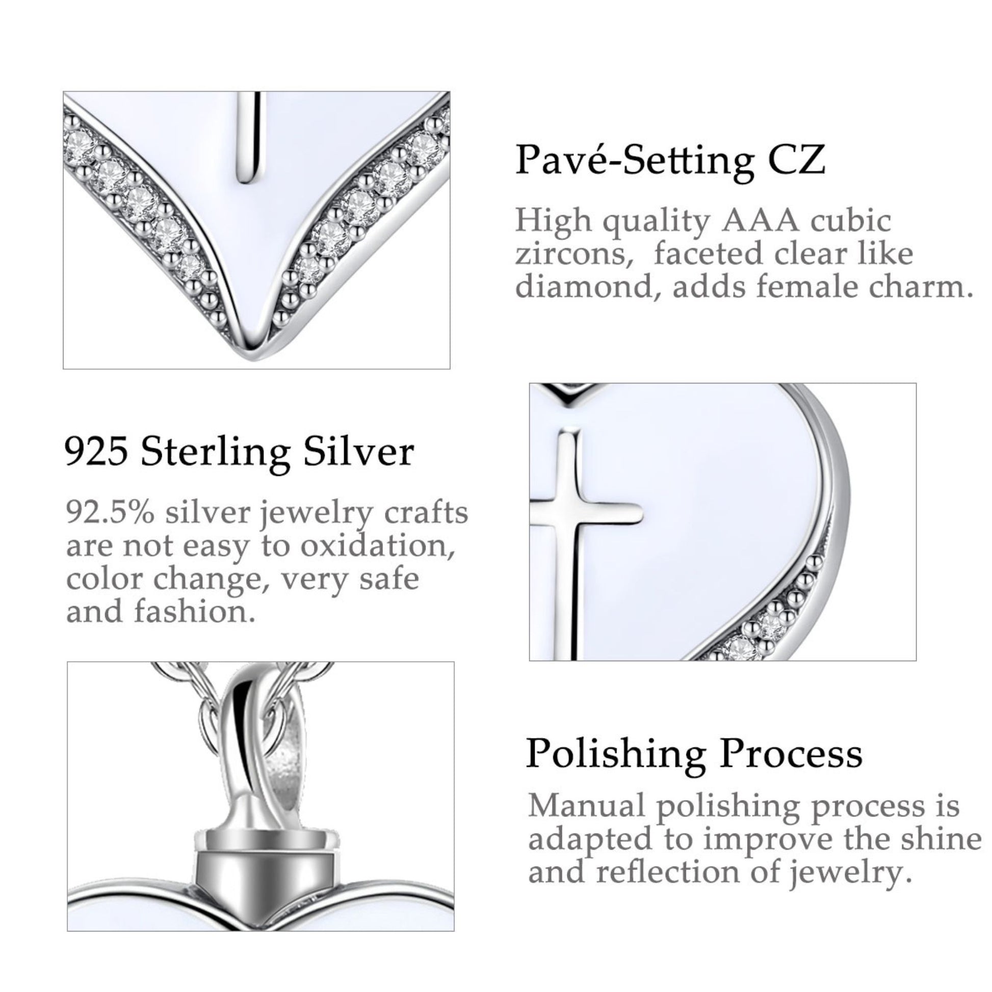Jewelry product with details on pavé-setting CZ, 925 Sterling Silver, and polishing process.