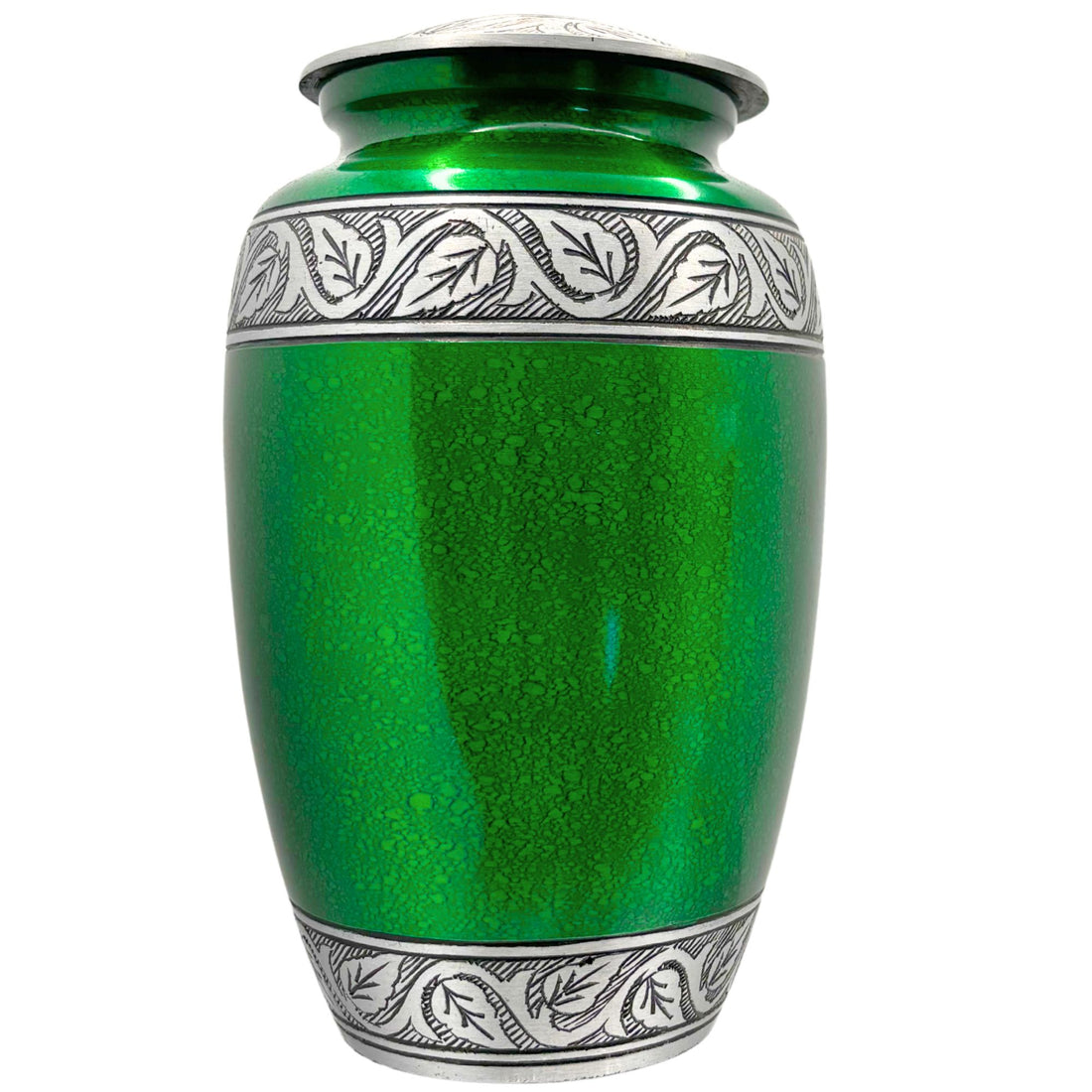 Green urn with silver decorative band on a white background