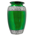 Green urn with silver decorative band on a white background