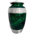 Green urn with silver decorative elements on a white background