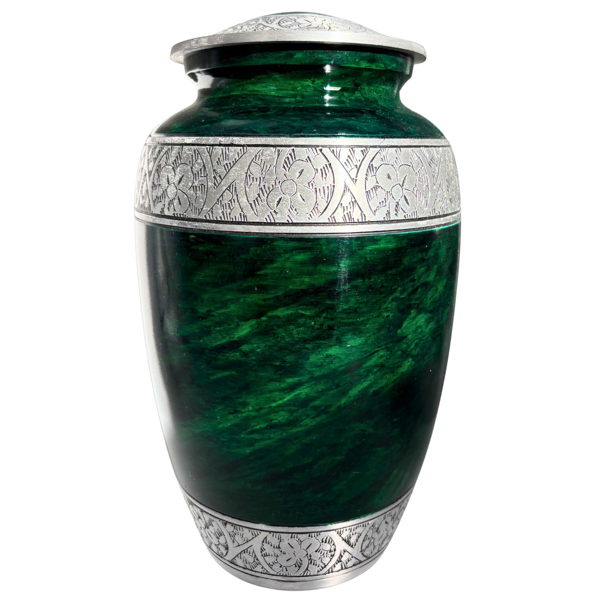 Green urn with silver decorative elements on a white background