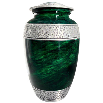 Green urn with silver decorative elements on a white background