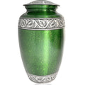 Green metallic urn with silver leaf patterns on a white background