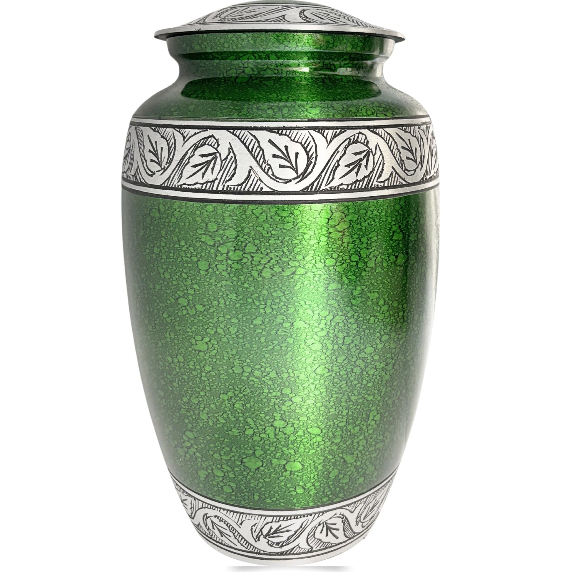 Green metallic urn with silver leaf patterns on a white background