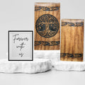 Wooden wall art with tree of life design and 'Forever with us' frame on a white background