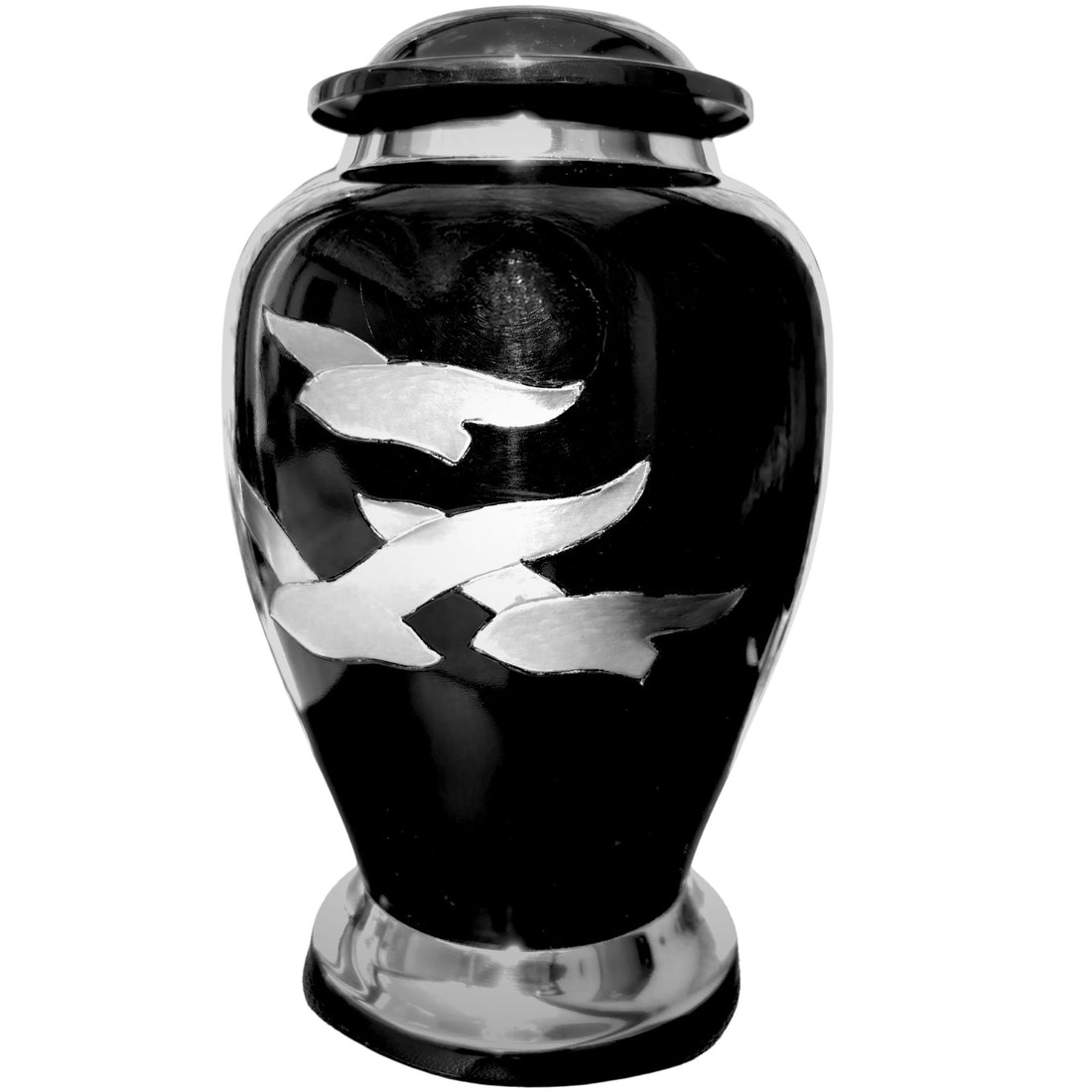 Black urn with silver butterfly designs on a white background