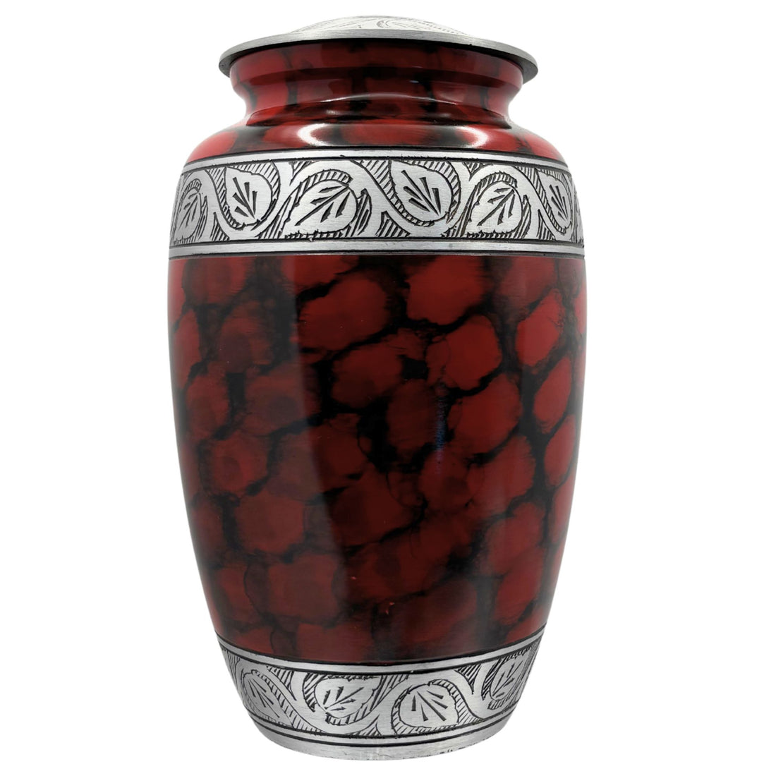 Red and black patterned urn with silver decorative band on a white background