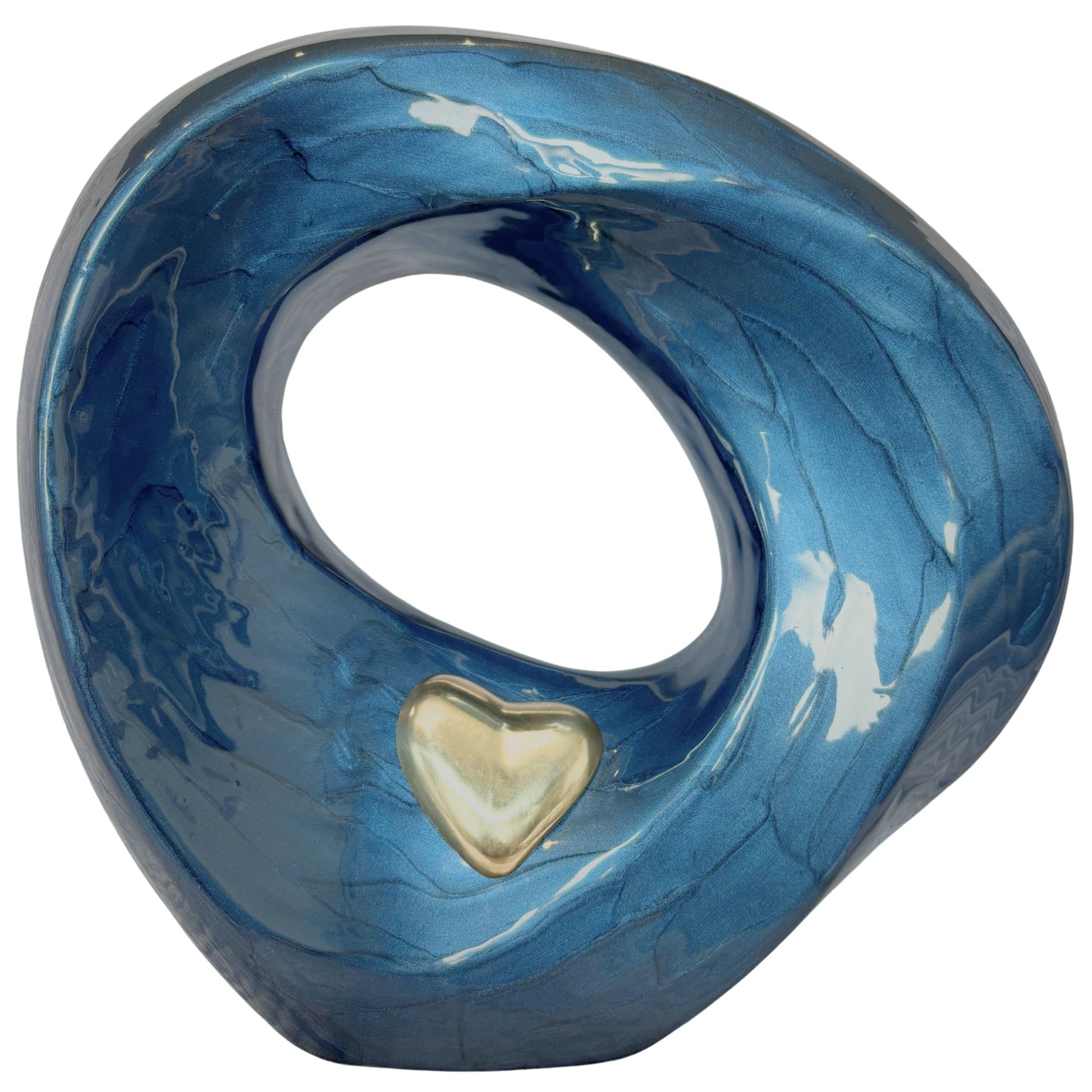 Blue metal urn with golden with a heart-shaped cutout on a white background