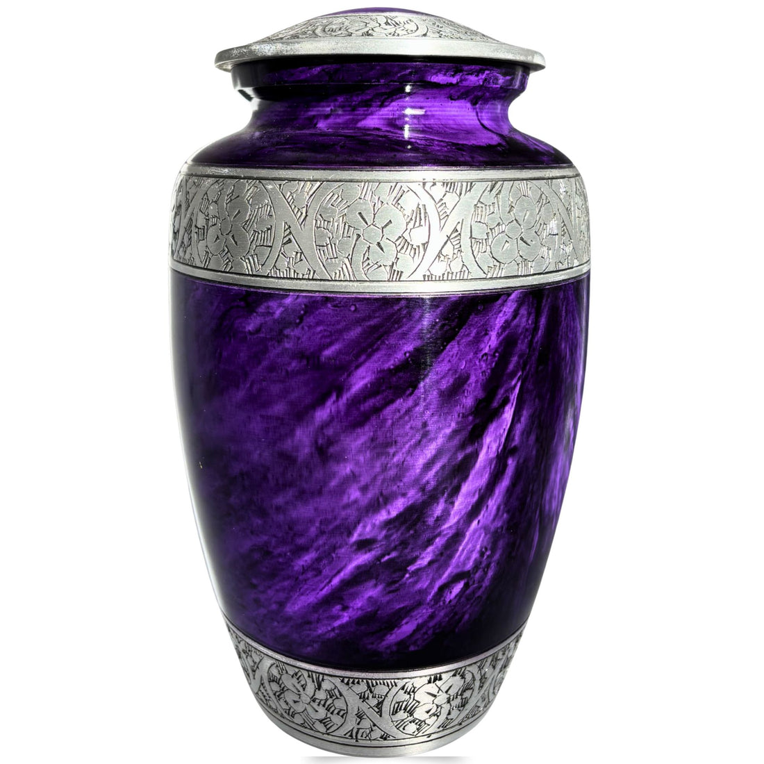 Purple urn with silver decorative elements on a white background