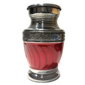 Red urn with silver decorative elements on a white background
