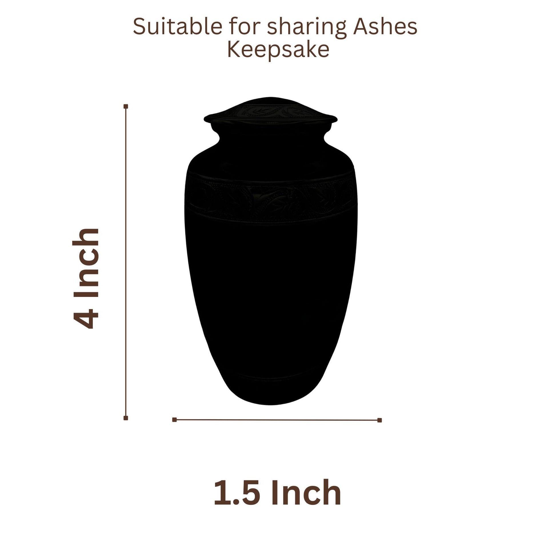 Black urn with dimensions labeled on a white background
