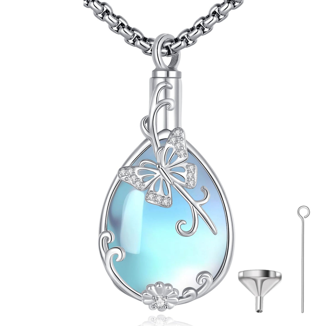 Teardrop-shaped pendant with butterfly design on a white background