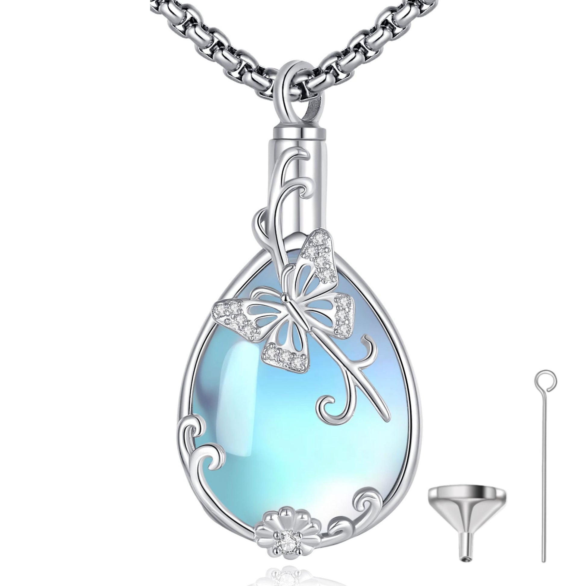 Teardrop-shaped pendant with butterfly design on a white background
