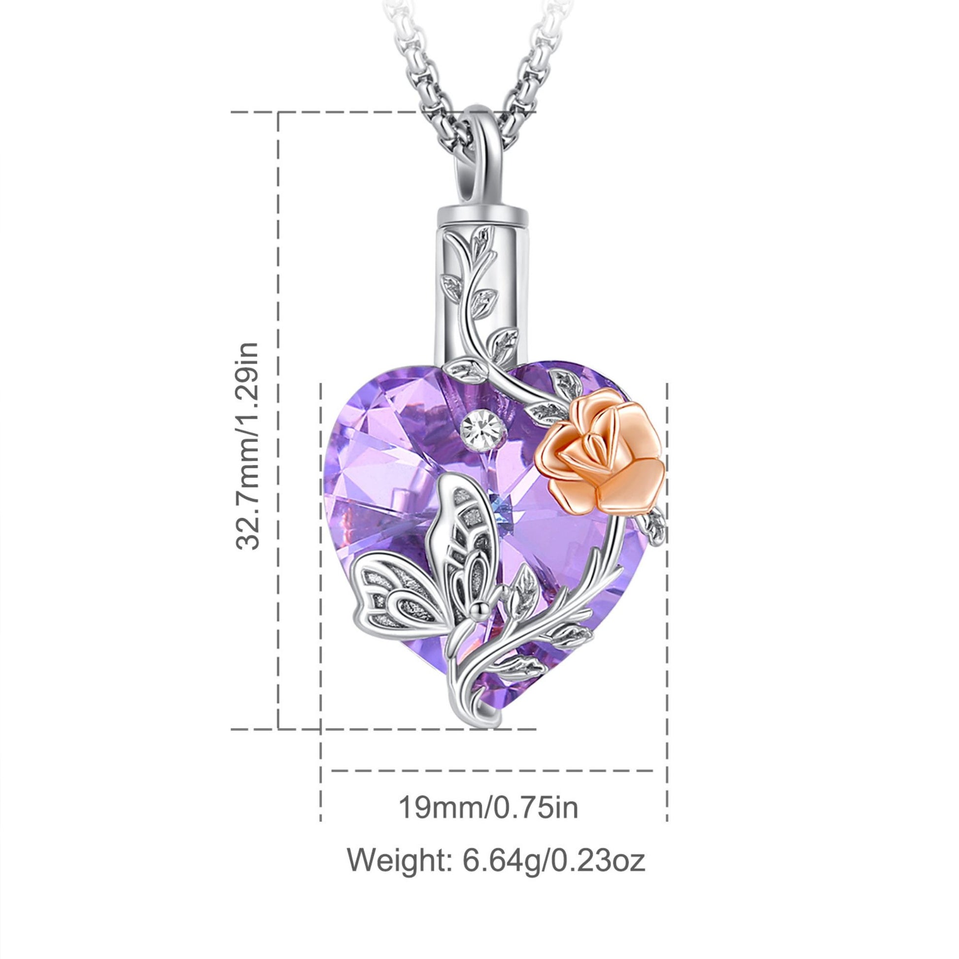 Heart-shaped pendant with purple crystal, rose, and butterfly design on a white background with measurements.