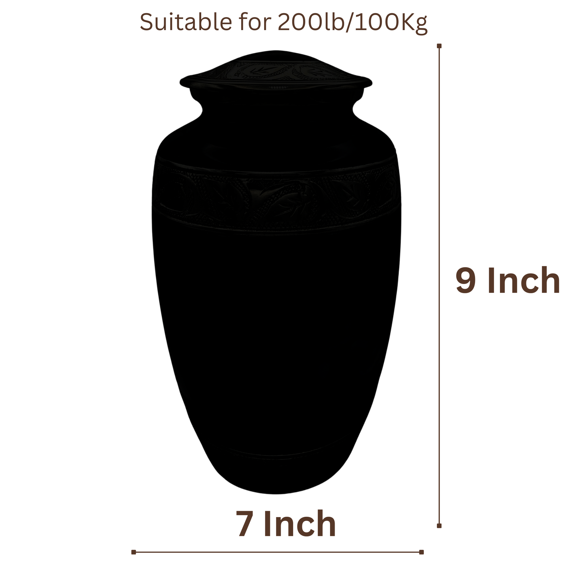 Black urn with dimensions labeled on a white background