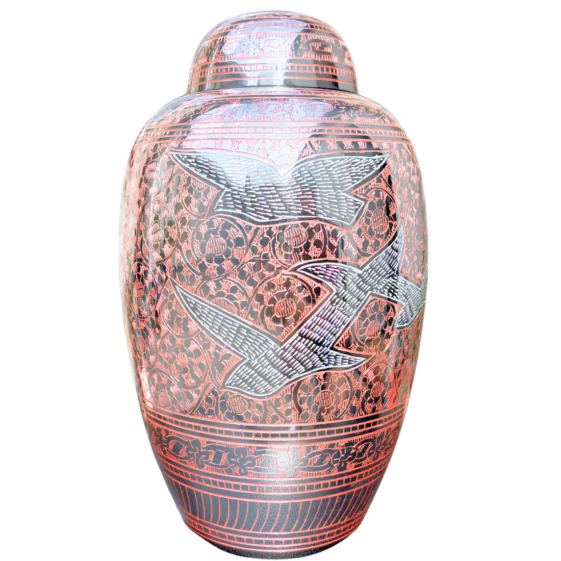 Decorative urn with bird designs on a white background