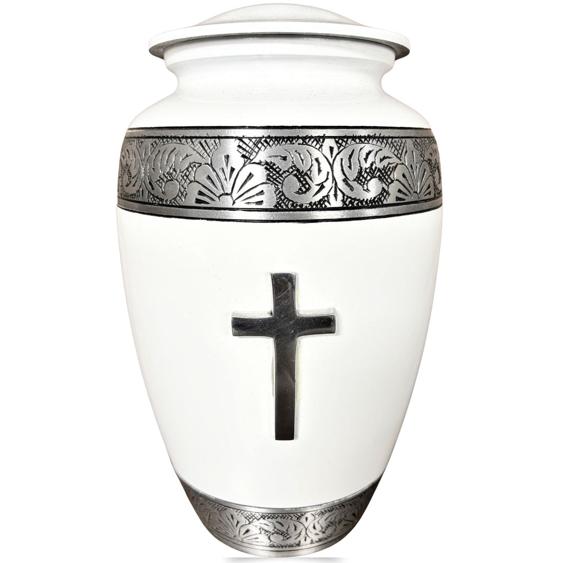 White urn with silver decorative band and cross on a white background