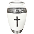 White urn with silver decorative band and cross on a white background
