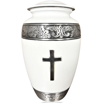 White urn with silver decorative band and cross on a white background
