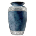 Blue marble-patterned urn with silver decorative band on a white background