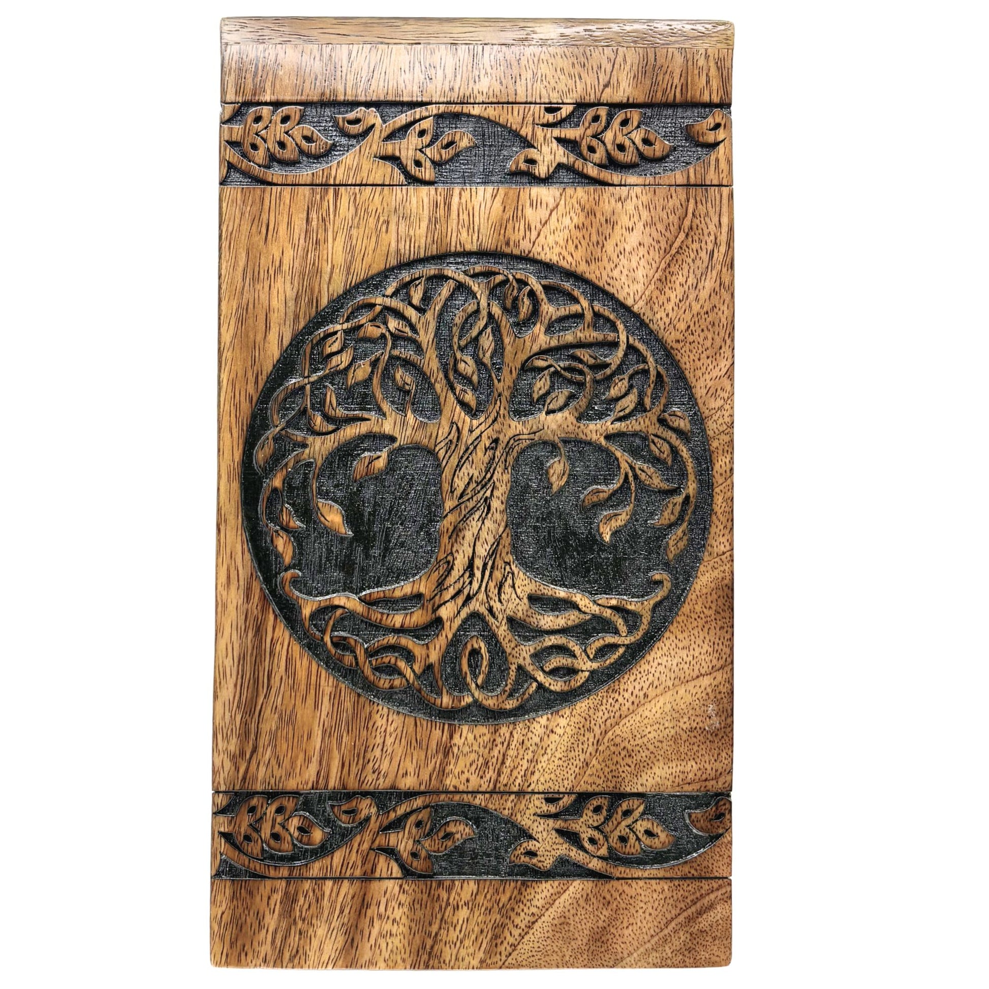 Wooden box with tree of life design on a white background