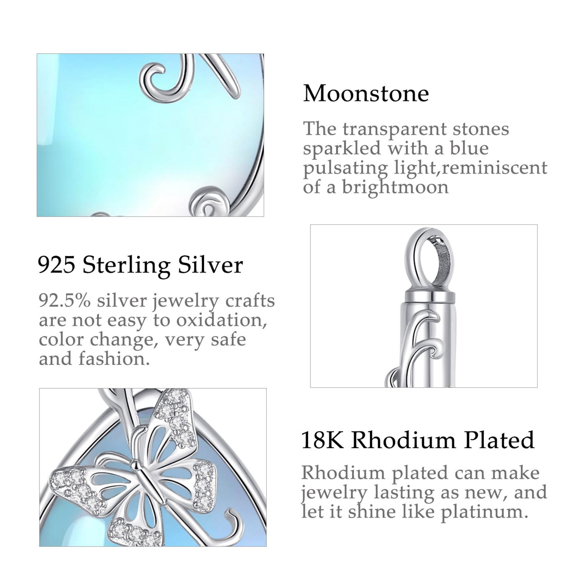 Jewelry pendant with moonstone and silver and rhodium plating details