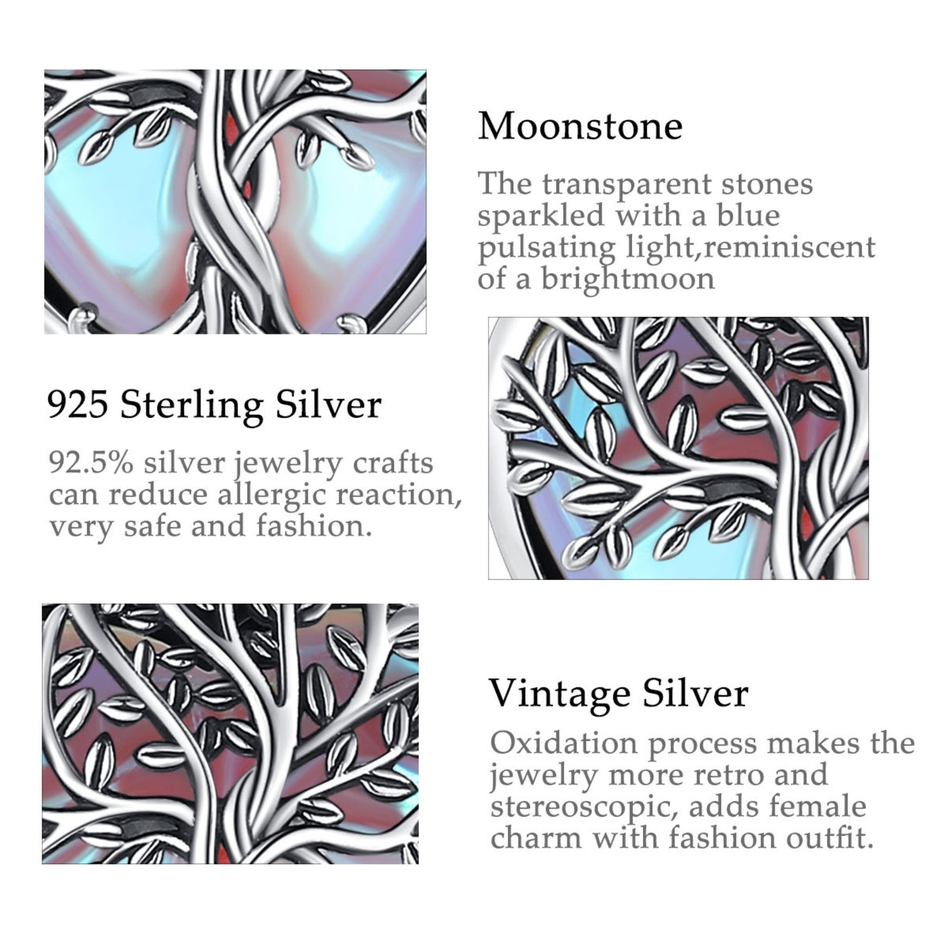 Jewelry with moonstone and 925 sterling silver details on a white background