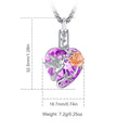 Heart-shaped pendant with a hummingbird and rose design, shown with measurements on a white background.