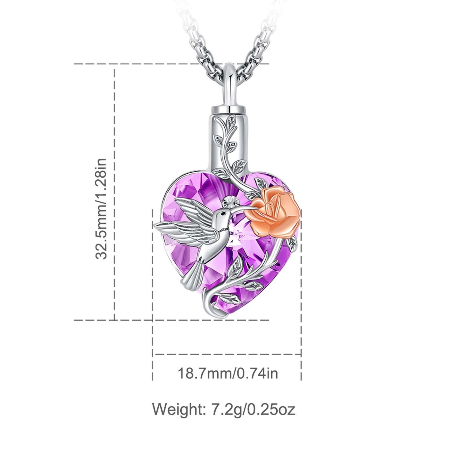 Heart-shaped pendant with a hummingbird and rose design, shown with measurements on a white background.