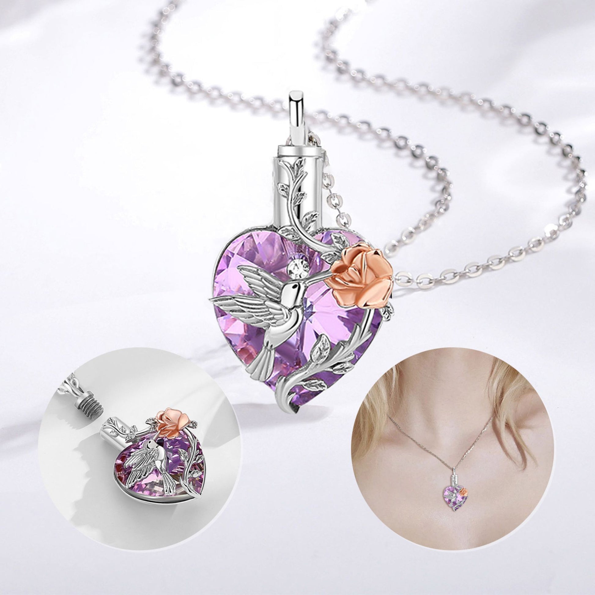 Heart-shaped necklace with purple crystal and silver bird design on a white background