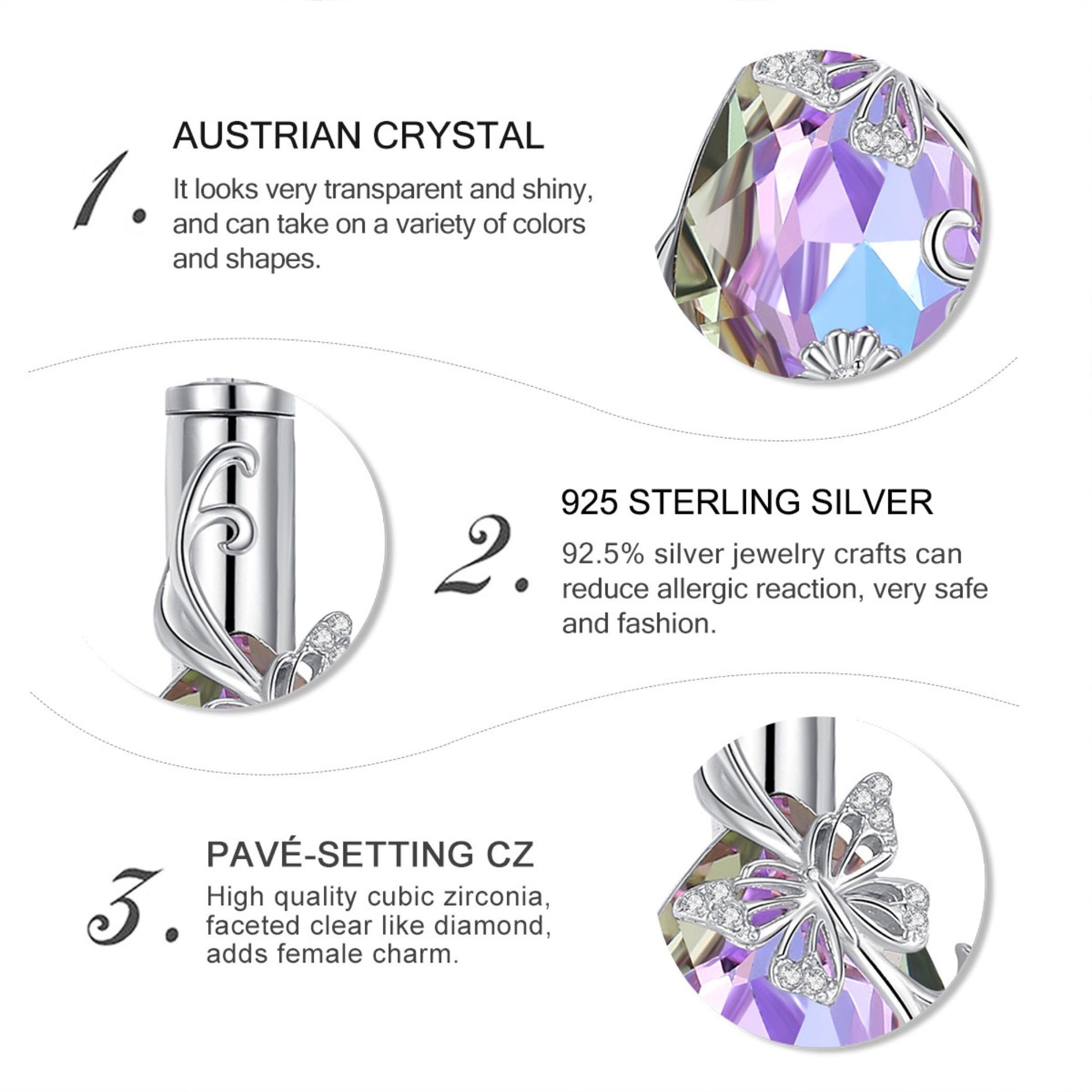 Jewelry components with Austrian crystal, 925 sterling silver, and pavé-setting CZ on a white background.