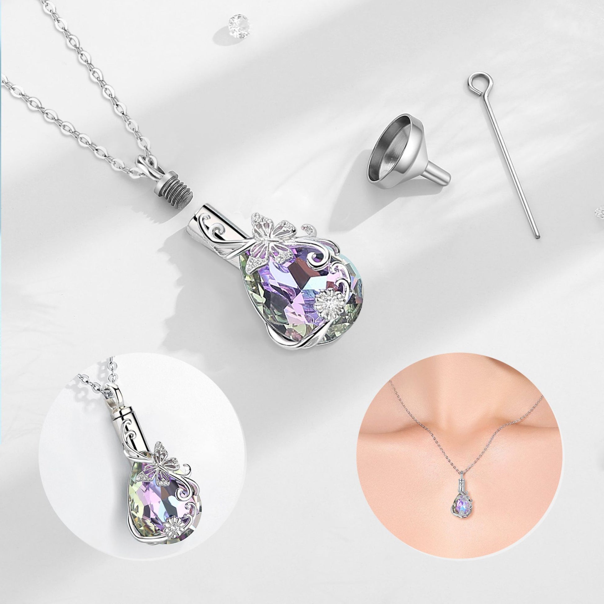 Jewelry set with a heart-shaped and teardrop-shaped pendant on a white background.
