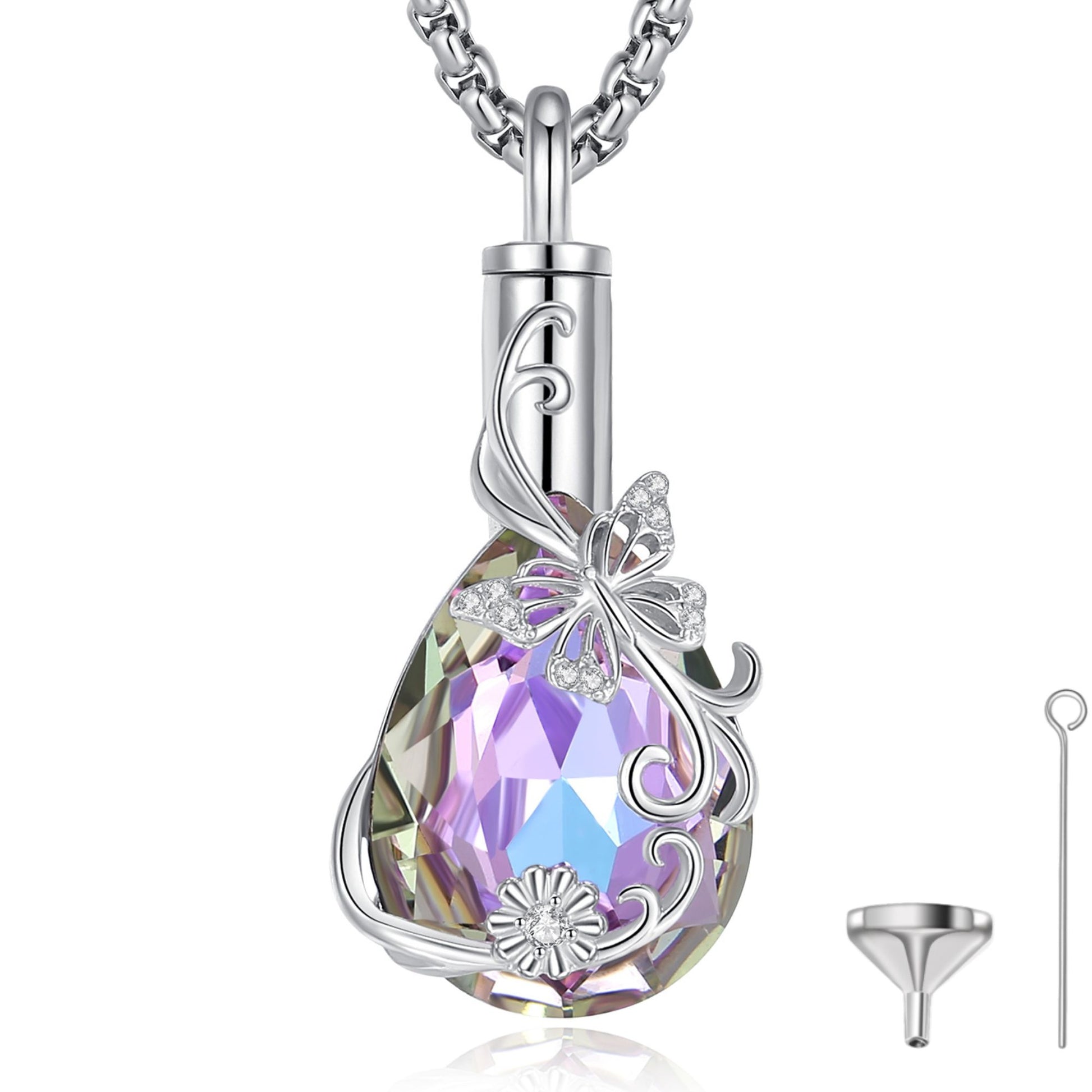 Silver pendant with a colorful crystal and butterfly design on a white background