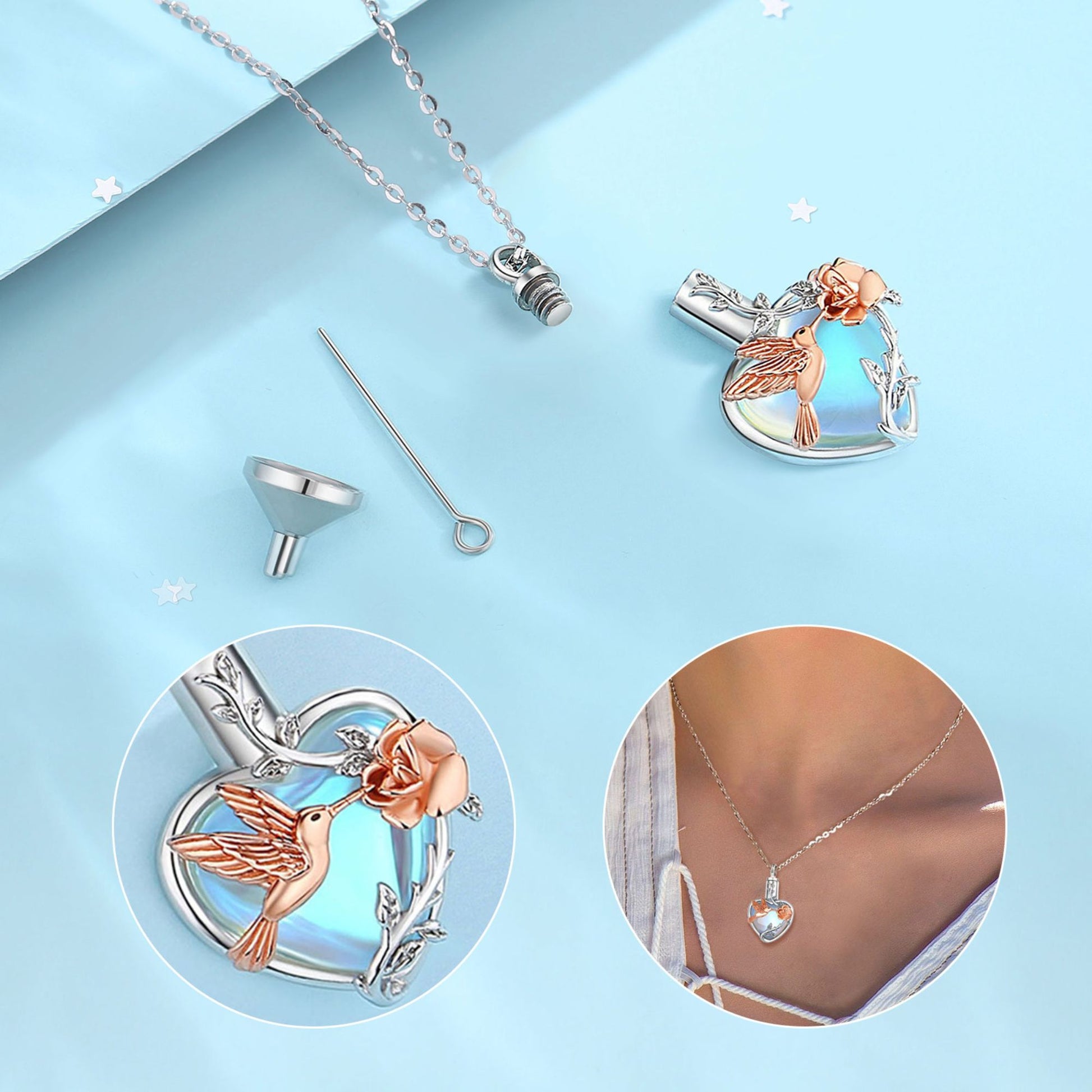 Jewelry set with hummingbird and rose design on a light blue background