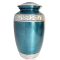 Blue metallic urn with silver decorative elements on a white background