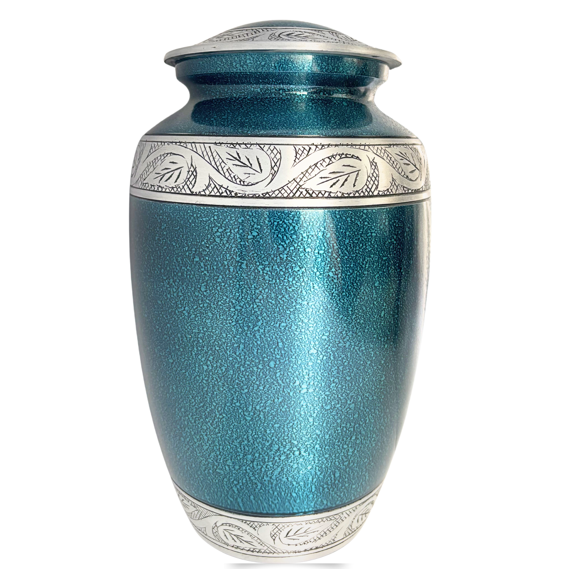 Blue metallic urn with silver decorative elements on a white background