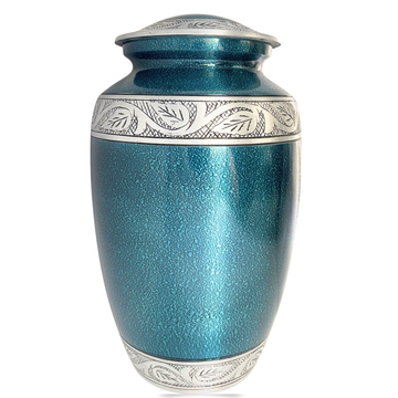 Blue metallic urn with silver decorative elements on a white background